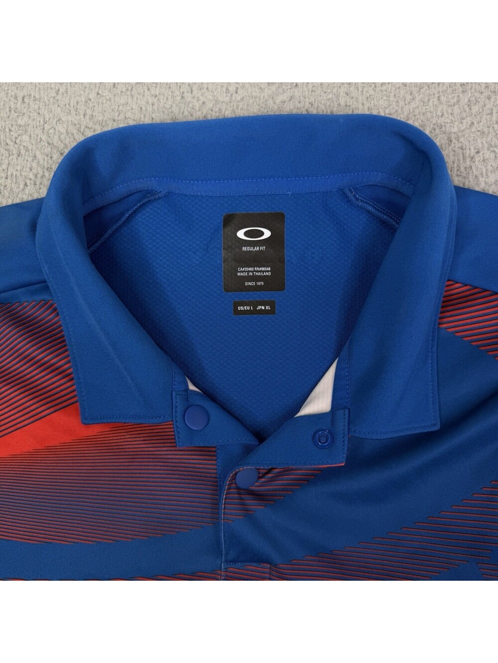 Oakley Mens Polo Shirt Large Regular Fit Blue Big Print Stretch Golf Top - Picture 3 of 9